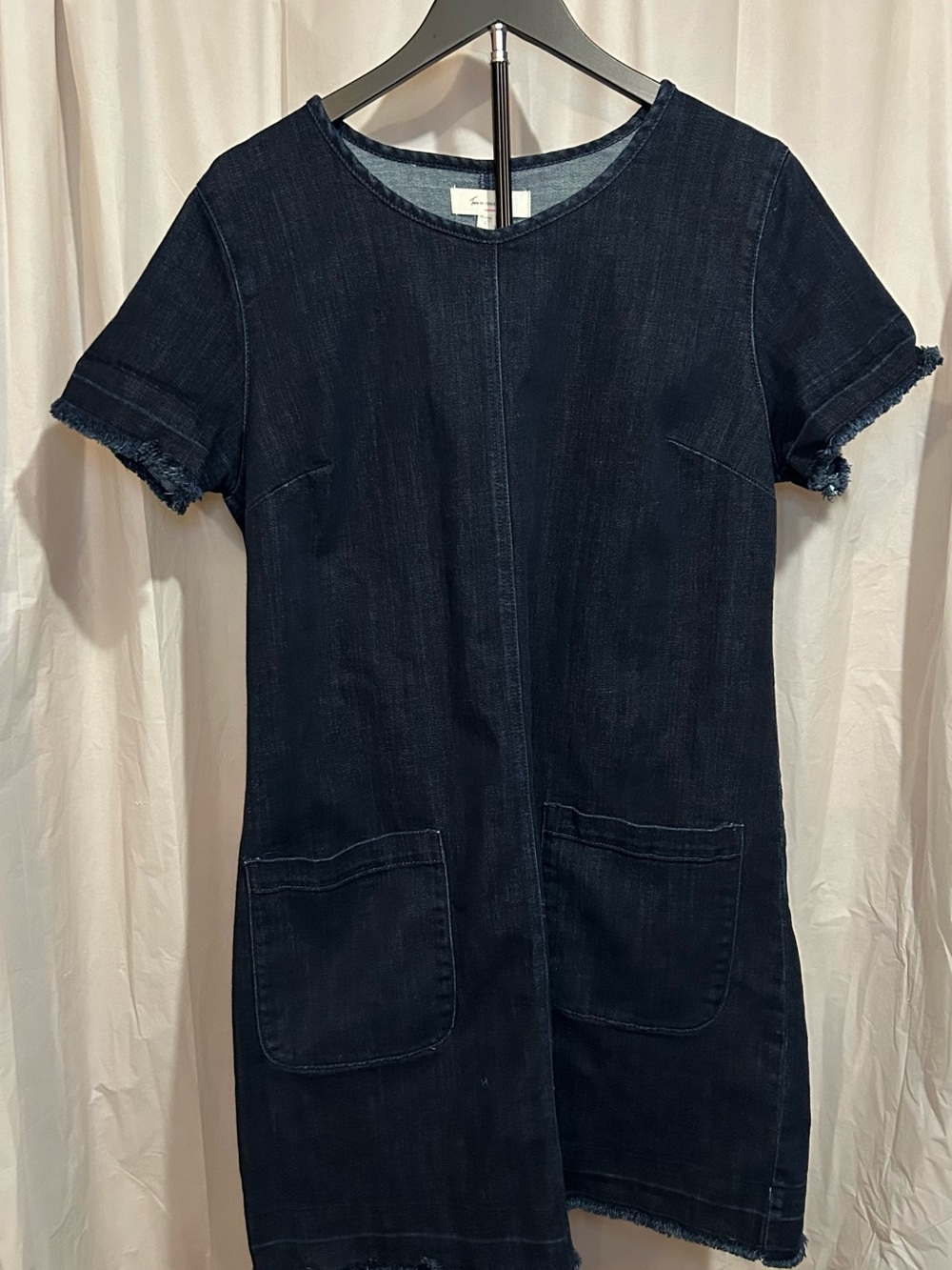 Women's Dark Indigo Short Sleeve Denim Dress with Raw Edges Size L
